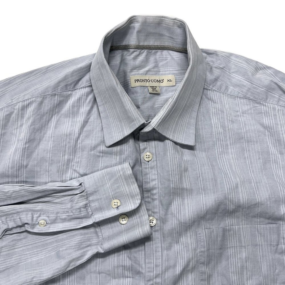 Pronto Uomo Men XL Button Up Shirt Long Sleeve Blue Striped‎ Cotton